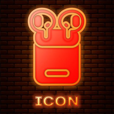 Duvarın arka planında izole edilmiş kutu simgesindeki parlak neon hava kulaklıkları. Kulaklıklar için kablosuz cihaz. Elektronik cihazlar. Vektör.