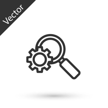 Beyaz arka planda gri çizgi büyüteç ve vites simgesi izole edildi. Arama ekipmanı. İş analizi sembolü. Vektör İllüstrasyonu.