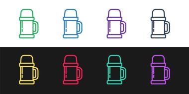 Termos konteynır simgesini siyah beyaz arkaplanda izole et. Termo matara ikonu. Kamp ve yürüyüş ekipmanları. Vektör İllüstrasyonu.