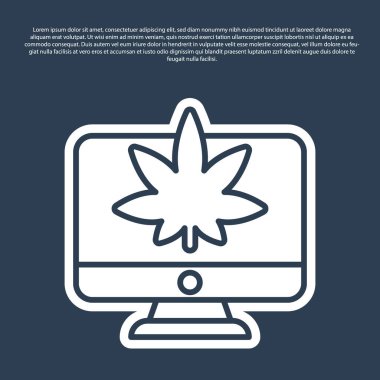 Mavi çizgi bilgisayar monitörü ve tıbbi marihuana veya kenevir yaprağı ikonu mavi arka planda izole edilmiş. İnternetten satın alma. Süpermarket sepeti. Vektör İllüstrasyonu.