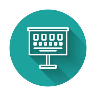 Beyaz çizgi göz testi simgesi uzun gölgeli izole edildi. Optalmik çalışmada görme testi için bir poster. Snellen çizelgesi. Yeşil daire düğmesi. Vektör İllüstrasyonu.