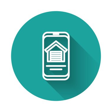 Akıllı telefon ikonundaki White Line Online emlak evi uzun gölgeli izole edilmiş. Ev kredisi konsepti, kira, satın alma, mülk alma. Yeşil daire düğmesi. Vektör.