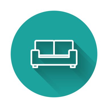 Beyaz çizgi kanepe uzun gölgeli izole edilmiş. Yeşil daire düğmesi. Vektör.