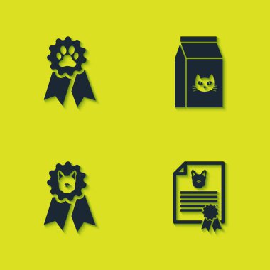 Hayvan ödülü sembolü, köpek ya da kedi sertifikası, köpek ve yiyecek ikonu. Vektör.