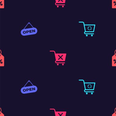 Tazeleme alışveriş arabasını ayarla, açık kapılı tabelayı as, pürüzsüz şablona yüzde yüz etiketini çıkar ve indir. Vektör.