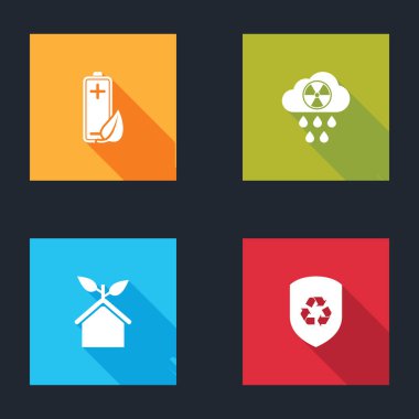 Eko doğa yaprağı ve bataryasını asit yağmuru radyoaktif bulut, dost ev ve kalkan simgesini geri dönüştür. Vektör.