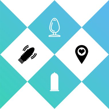 Set Dildo vibrator for sex games, Condom safe, Anal plug and Location with heart icon. Vector.