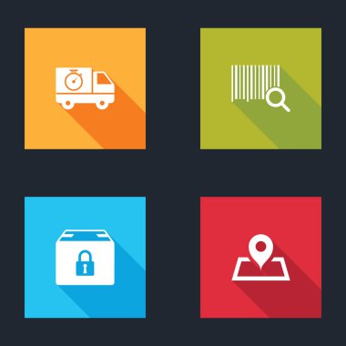 Teslimat kamyonunu, kronometreyi, arama barkodunu, kilitli paketi ve yer tutucuyu harita simgesine yerleştir. Vektör.