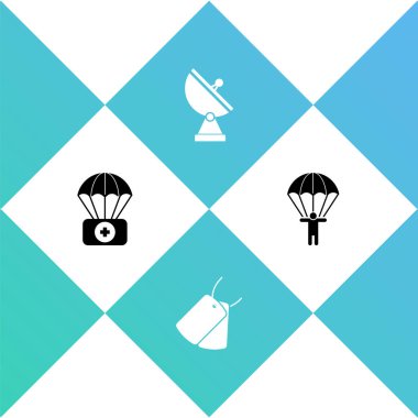 Paraşütü ilk yardım çantasıyla, askeri künyeyle, Radar ve simgeyle ayarla. Vektör.