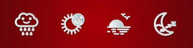 Bulut 'u yağmurla, Güneş tutulması, Günbatımı ve Ay ikonu ile ayarla. Vektör.