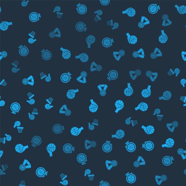 Stopwatch 'ı basketbol topu, el, basketbol madalyası ve kusursuz desenle ayarla. Vektör.