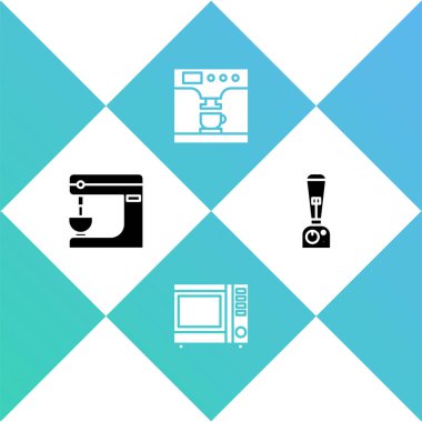 Elektrik mikseri, mikrodalga fırın, kahve makinesi, bardak ve mikser ikonunu ayarla. Vektör.