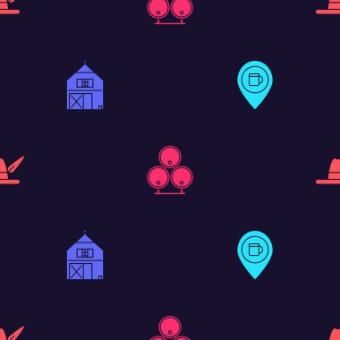 Alkol ya da bira barı, Çiftlik Evi, tahta variller ve Oktoberfest şapkasını kusursuz bir şekilde ayarla. Vektör.