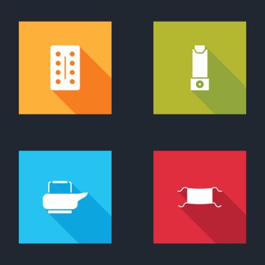 Hapları su toplayıcı, astım spreyi, lazımlık ve tıbbi koruyucu maske ikonuna koyun. Vektör.