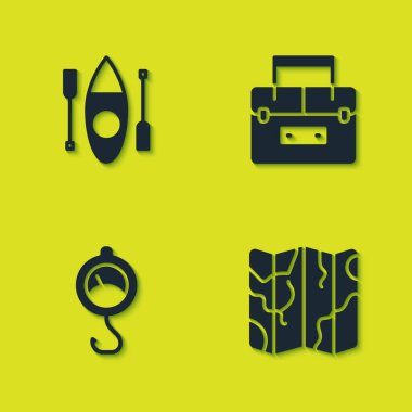 Kano veya kano, katlanmış harita, bahar ölçeği ve sallanan simge için kutu ayarlayın. Vektör.