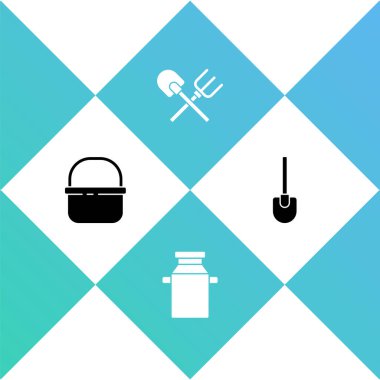 Sepet, konteynır, süt, kürek, tırmık ve ikon. Vektör.