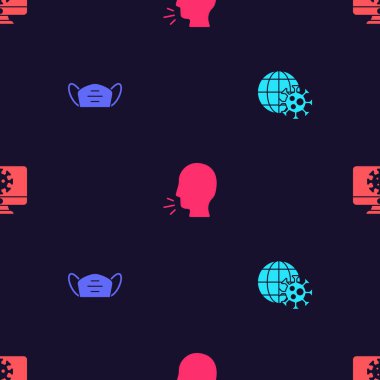 Dünya 'yı virüslü, tıbbi koruyucu maskeli öksürük ve virüs istatistikleriyle donatın. Vektör.