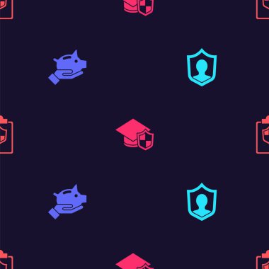 Kalkanla, kumbarayla, mezuniyet şapkasıyla ve kusursuz şablonla hayat sigortası yapın. Vektör.