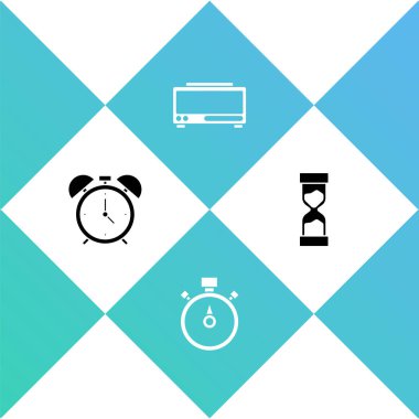 Alarm saatini, Kronometreyi, dijital alarmı ve eski kum saati simgesini ayarla. Vektör.