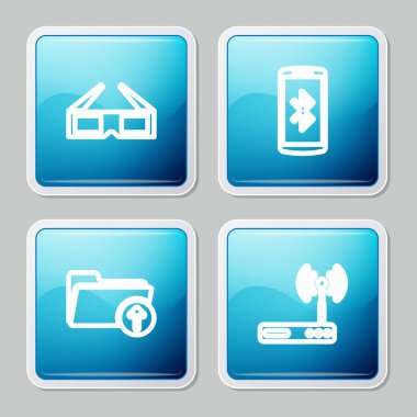 3D sinema gözlüğü, bluetooth 'lu akıllı telefon, ok klasörü, Router ve wi-fi simgesi indir. Vektör.