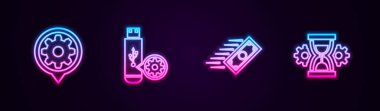 Hat ayarlama, USB flash disk ayarı, hızlı ödemeler ve kum saati. Parlayan neon ikonu. Vektör.