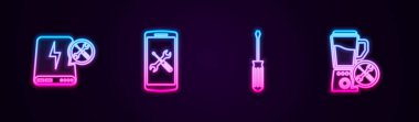 Elektrik hattı, akıllı telefon, tornavida ve blender. Parlayan neon ikonu. Vektör.