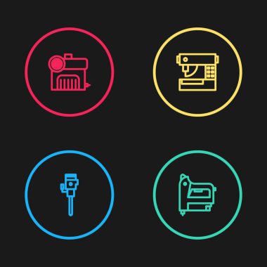 İnşaat matkabı, elektrikli inşaat zımbası dikiş makinesi ve hava kompresör ikonu. Vektör.