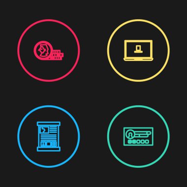 Oyun simgesi için satır kılavuzu, hesap ekranı, dizüstü bilgisayar ve sikke oluştur. Vektör.