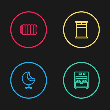 Hat koltuğu, bulaşık makinesi, büyük yatak ve ısıtma kaloriferi ikonu. Vektör.