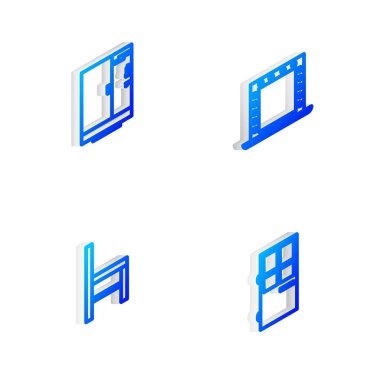 Işıklı Isometric makyaj aynası, duş kabini, sandalye ve kapalı kapı simgesini ayarla. Vektör.