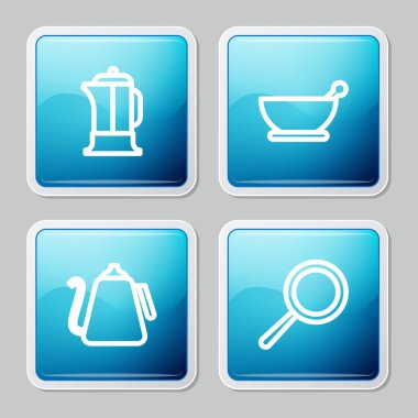 Fransız presi, havan topu ve tokmak, kulplu kettle ve kızartma tavası ikonu. Vektör.