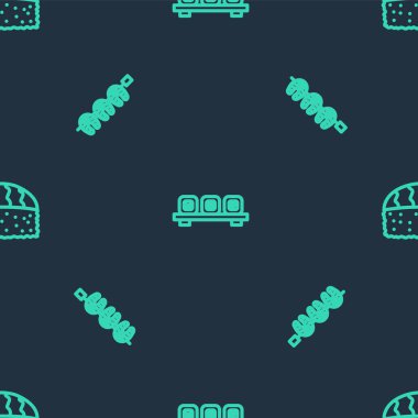 Kesme tahtasında suşi, ızgara balık bifteği ve dikişsiz şablona ayarla. Vektör