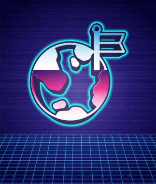 Bayrak simgesine sahip Retro tarzı Gezegen fütüristik manzara arka planına sahip. Zafer, kazanmak ve zorluk konseptini fethetmek. 80 'lerin moda partisi. Vektör