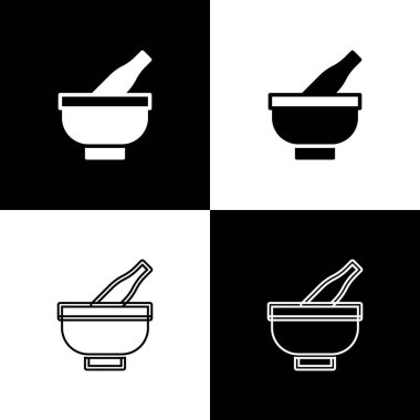 Havan topu ve tokmak simgesini siyah ve beyaz arkaplanda izole et. Vektör