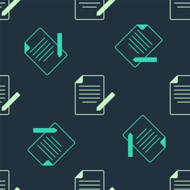 Yeşil ve bej döküman ve kalem simgesi mavi arkaplanda izole edilmiş kusursuz desen. Dosya simgesi. Kontrol listesi simgesi. İş konsepti. Vektör