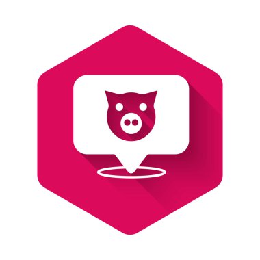 Beyaz Domuz simgesi uzun gölge arkaplanı ile izole edildi. Hayvan sembolü. Pembe altıgen düğmesi. Vektör