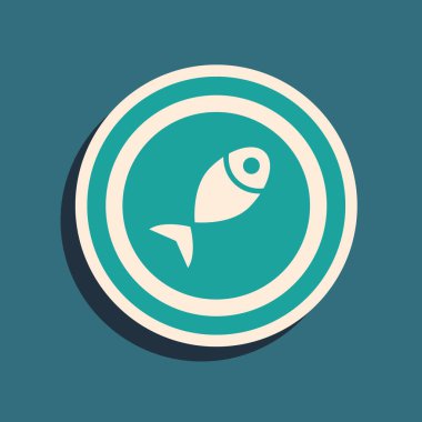 Yeşil arka planda izole edilmiş bir tabak ikonunda servis edilen balık. Uzun gölge tarzı. Vektör