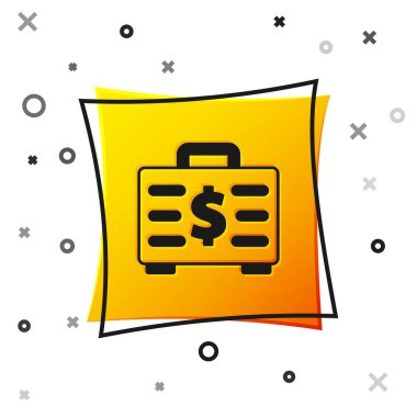 Siyah evrak çantası ve para ikonu beyaz arka planda izole edildi. İş ilanı. İş portföyü. Sarı kare düğme. Vektör