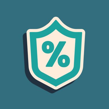 Yeşil kredi yüzde ikonu yeşil arka planda izole edildi. Koruma kalkanı işareti. Kredi yüzdesi sembolü. Uzun gölge tarzı. Vektör