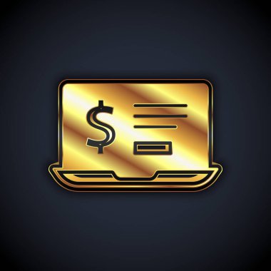 Siyah arka planda dolar simgesi olan altın dizüstü bilgisayar. Dünyanın her yerine para göndermek, para transferi, online bankacılık, finansal işlemler. Vektör