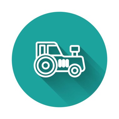 Beyaz çizgi Traktör simgesi uzun gölge arkaplanı ile izole edildi. Yeşil daire düğmesi. Vektör