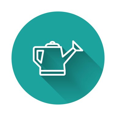 Beyaz çizgi, uzun gölge arkaplan ile izole edilmiş bir ikon. Sulama sembolü. Yeşil daire düğmesi. Vektör