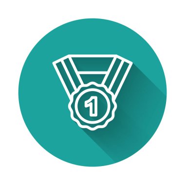 Beyaz çizgi köpek ödül sembolü uzun gölge arkaplan izole. Köpek ayak izli madalya, evcil hayvan sergisinin kazanan konsepti. Yeşil daire düğmesi. Vektör