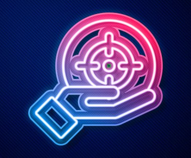 Parlayan neon hattı hedefinin finansal hedef konsepti mavi arka planda izole edildi. Sembolik hedeflere ulaşım, başarı. Vektör