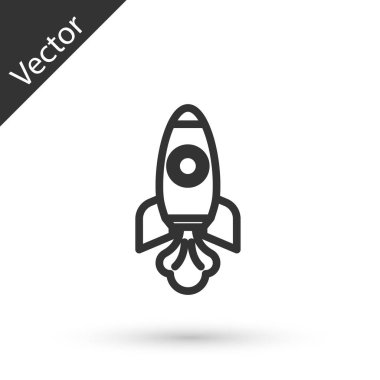 Gri çizgi roket ikonu beyaz arka planda izole edildi. Uzay yolculuğu. Vektör