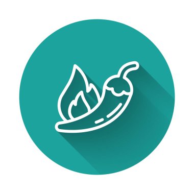 Beyaz çizgi Hot chili biber kabuğu simgesi uzun gölge arkaplan izole. Market, mutfak ürünleri, baharat ve baharat paketi, yemek kitabı için tasarım. Yeşil daire düğmesi. Vektör