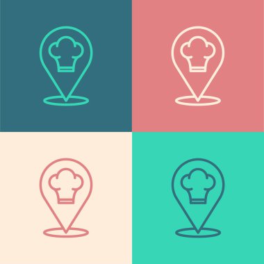 Pop Art Line Chef şapkası. Renkli arka planda konum simgesi var. Aşçılık sembolü. Aşçı şapkası. Vektör