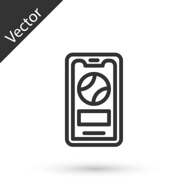 Beyaz arkaplanda izole edilmiş ekran simgesinde beyzbol topu olan gri çizgi akıllı telefon. Cep telefonu için çevrimiçi beyzbol maçı. Vektör