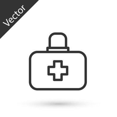 Gri çizgi ilk yardım çantası simgesi beyaz arkaplanda izole edildi. Haçlı sağlık kutusu. Acil durumlar için tıbbi ekipman. Sağlık sigortası konsepti. Vektör