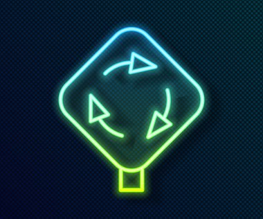 Parlayan neon hattı Roundabout trafik simgesi siyah arkaplanda izole edildi. Trafik çember işareti. Vektör